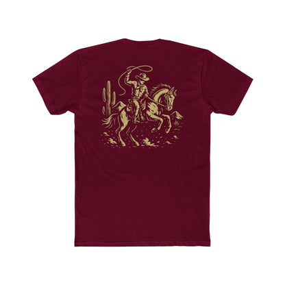 Cardinal Red t-shirt with graphic of monochrome horse rider, lasso, and western landscape #cardinalred