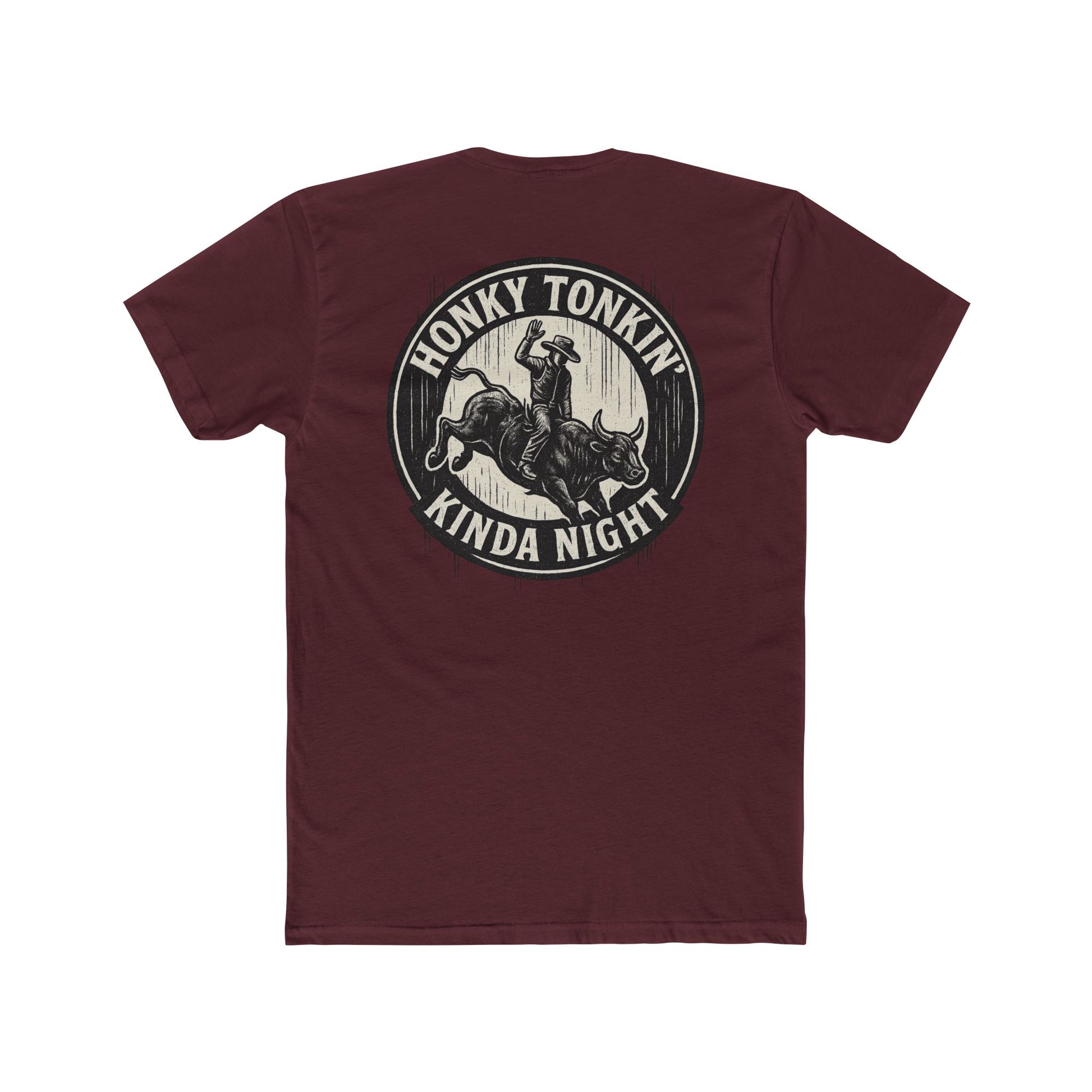 Maroon t-shirt with circular graphic of a bucking bull with rider and the phrase honky tonkin' kind night #maroon