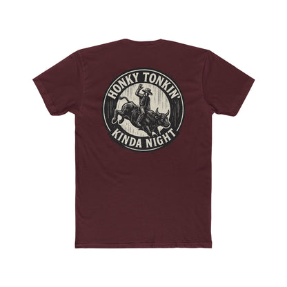 Maroon t-shirt with circular graphic of a bucking bull with rider and the phrase honky tonkin' kind night #maroon