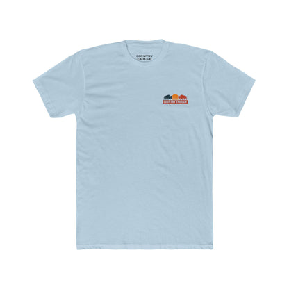 Light Blue t-shirt with graphic of mirrored bison in red and blue, sun, desert landscape, cacti, and the words country enough since 2025 #lightblue