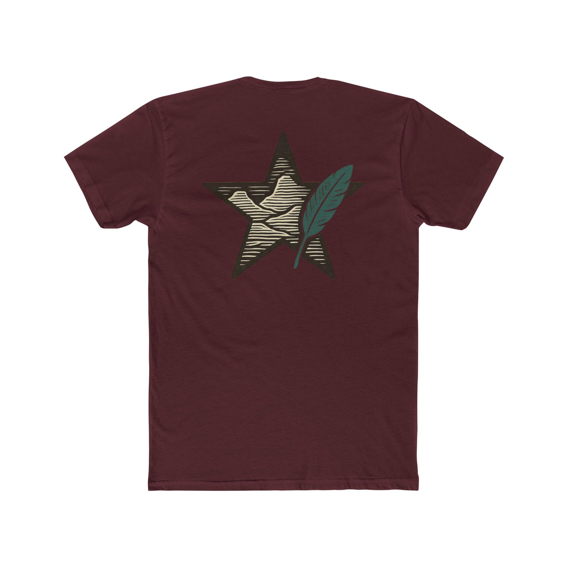Maroon t-shirt with graphic of a big star, mountain design inside the star, and large feather overlapping #maroon