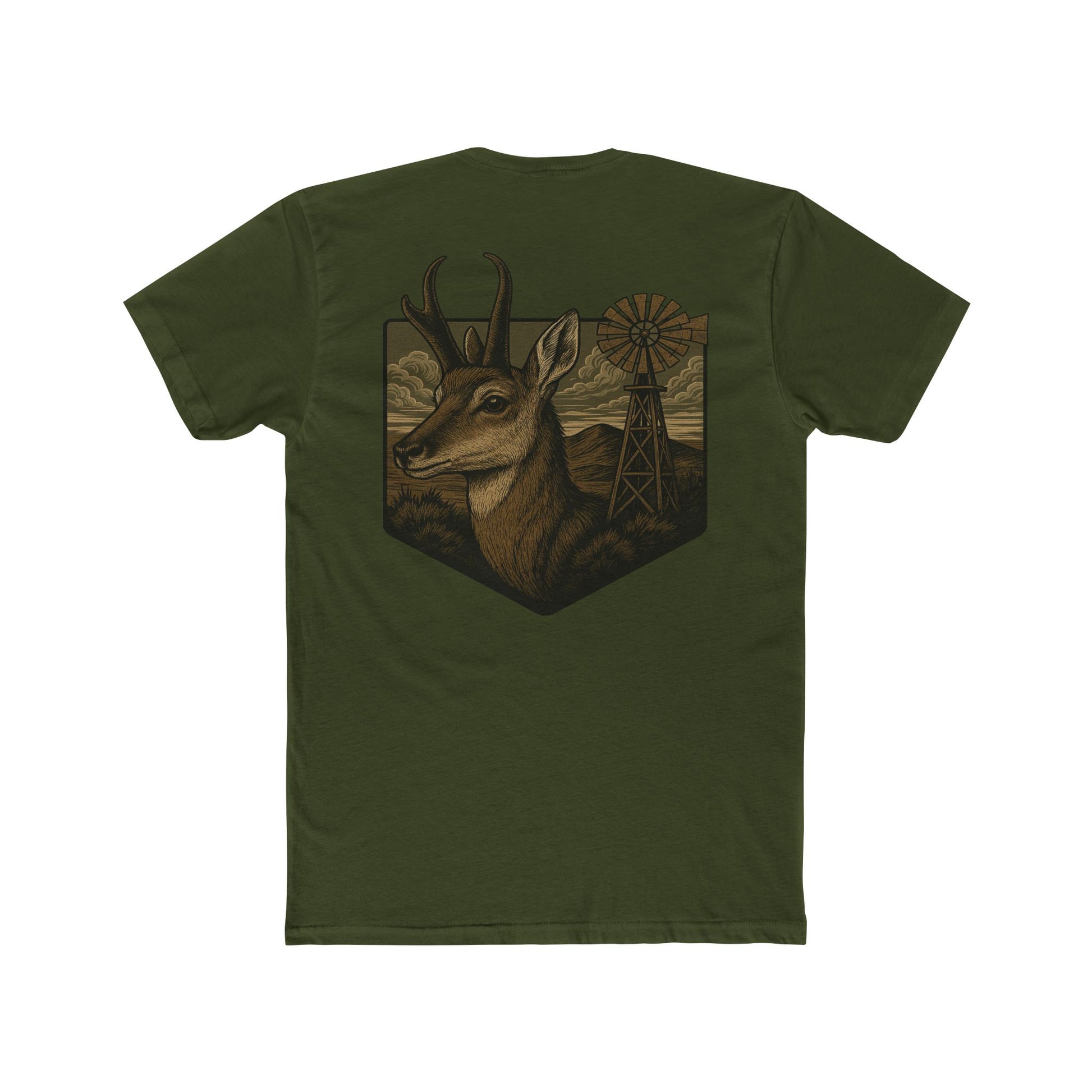 Military Green t-shirt with graphic of pronghorn and windmill over an open range #militarygreen