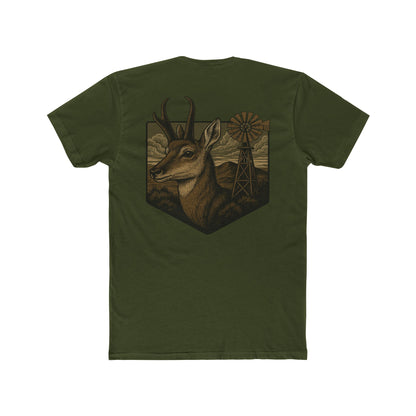 Military Green t-shirt with graphic of pronghorn and windmill over an open range #militarygreen