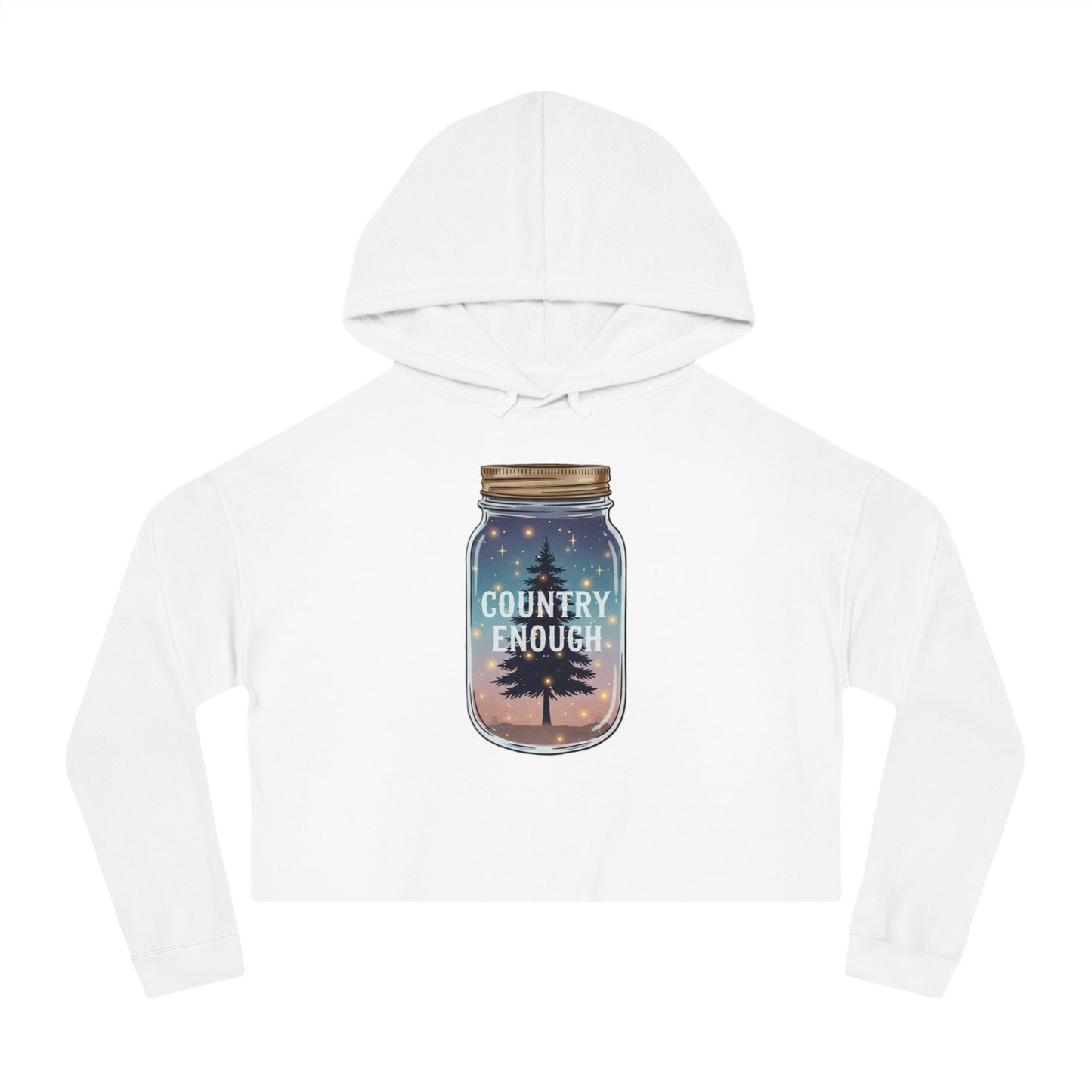 White crop hoodie with mason jar, pine trees, and stars graphic #white
