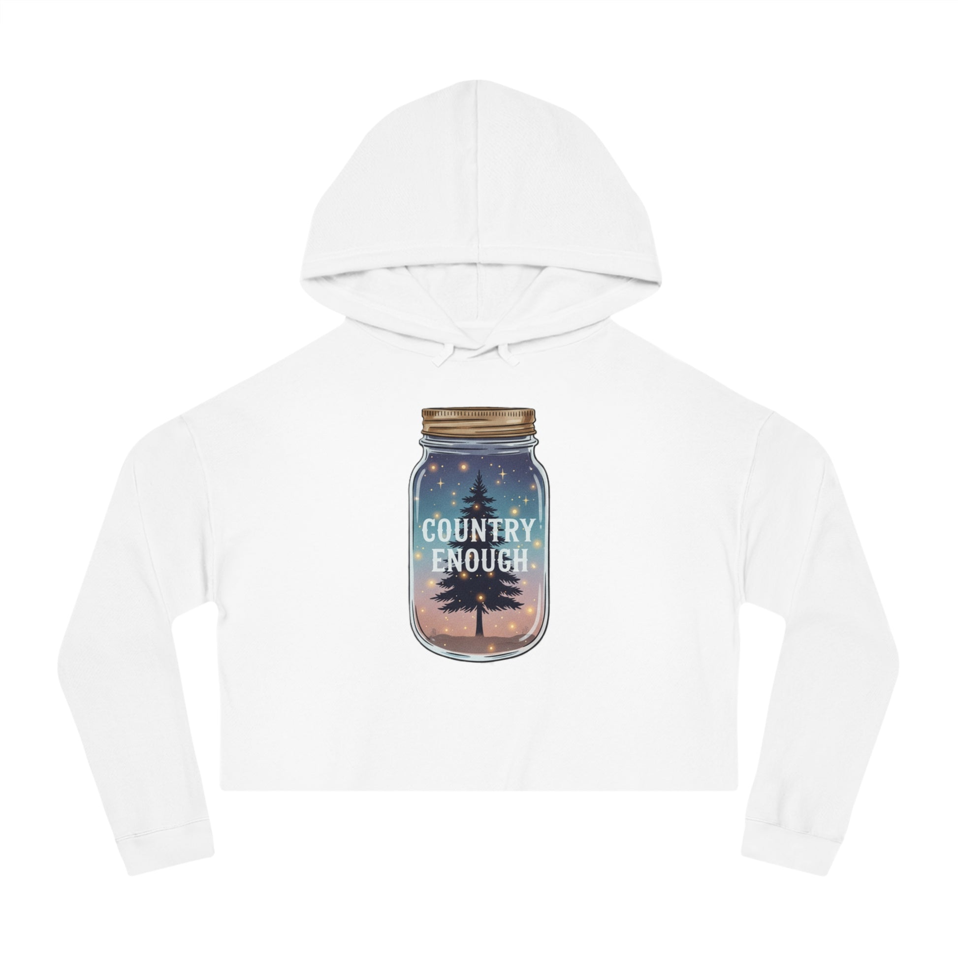 White crop hoodie with mason jar, pine trees, and stars graphic #white