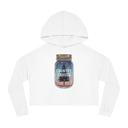 White crop hoodie with mason jar, pine trees, and stars graphic #white