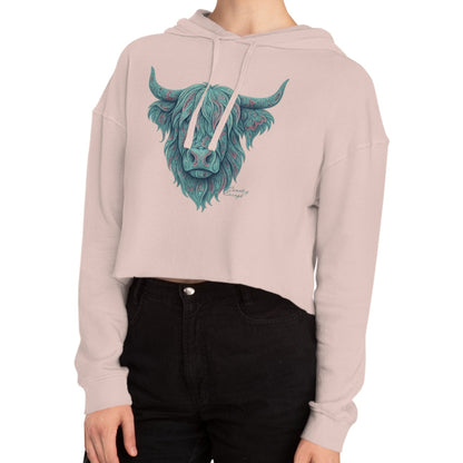 Pale pink crop hoodie with a vibrant Paisley Highland Cow graphic #palepink