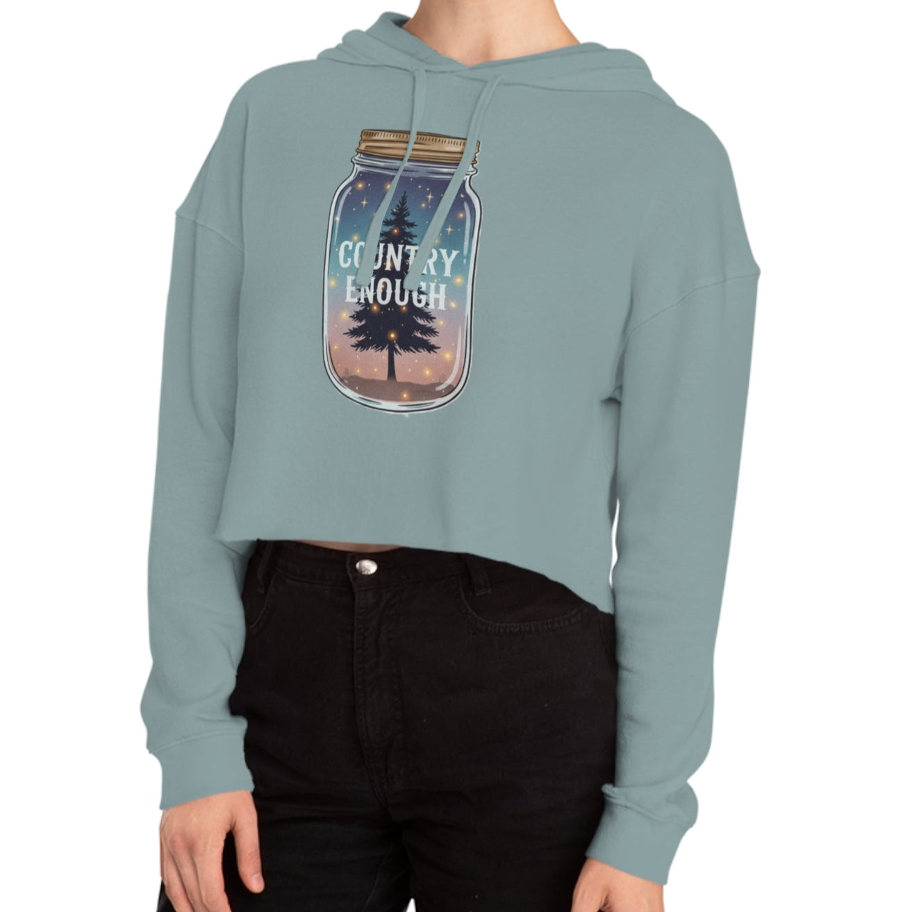 Mineral crop hoodie with mason jar, pine trees, and stars graphic #mineral