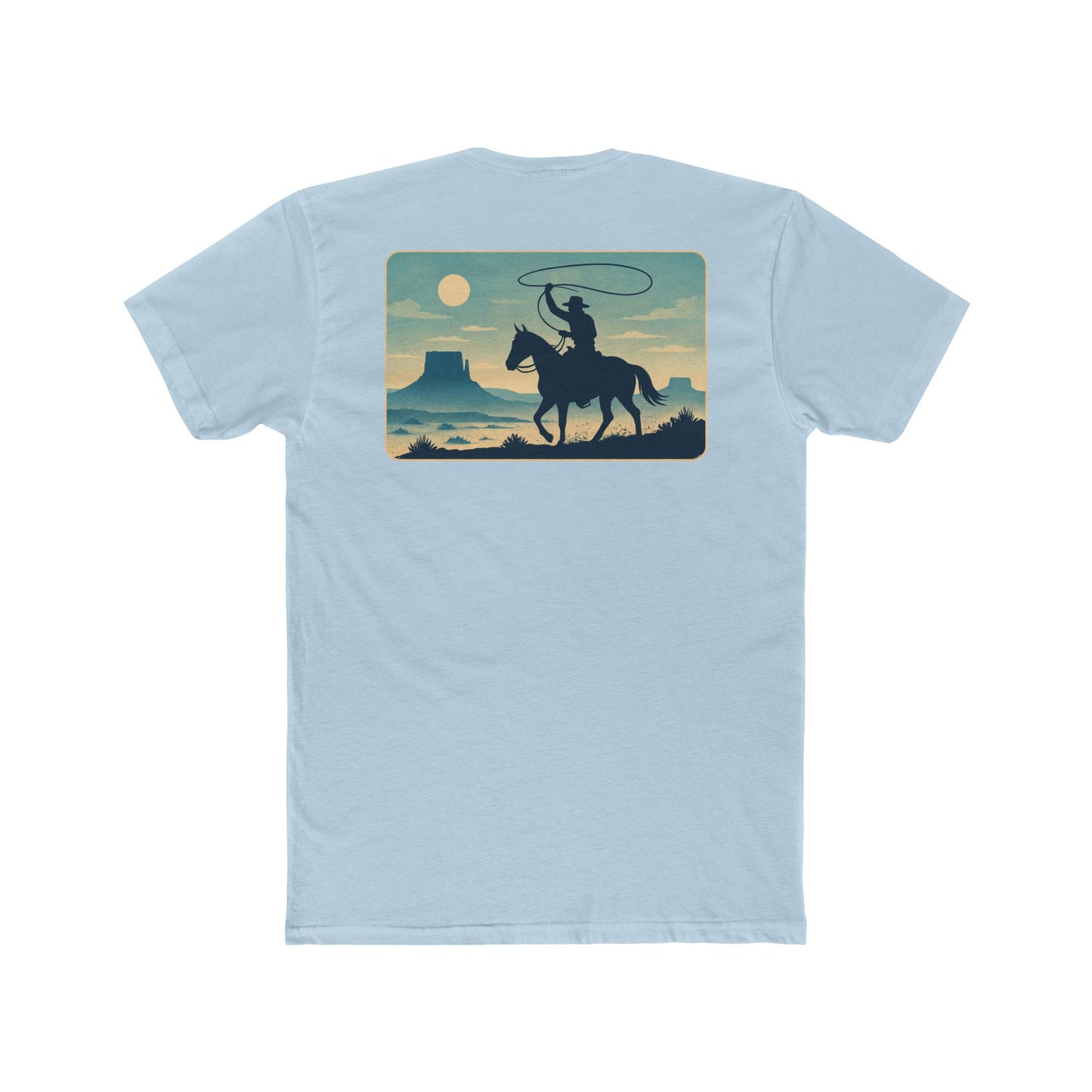 Light Blue t-shirt featuring horse rider, western landscape, and sun #lightblue