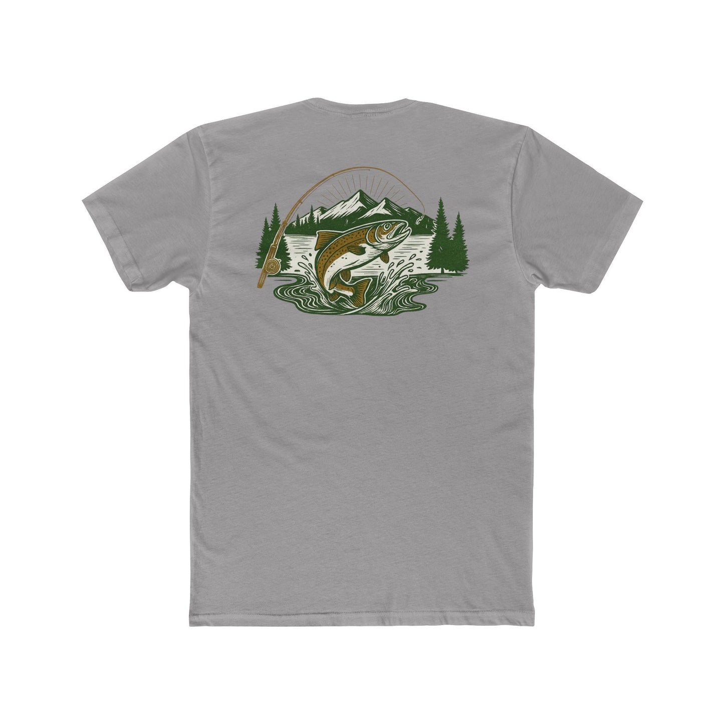 Gray t-shirt with a trout, mountains, trees and water graphic #gray