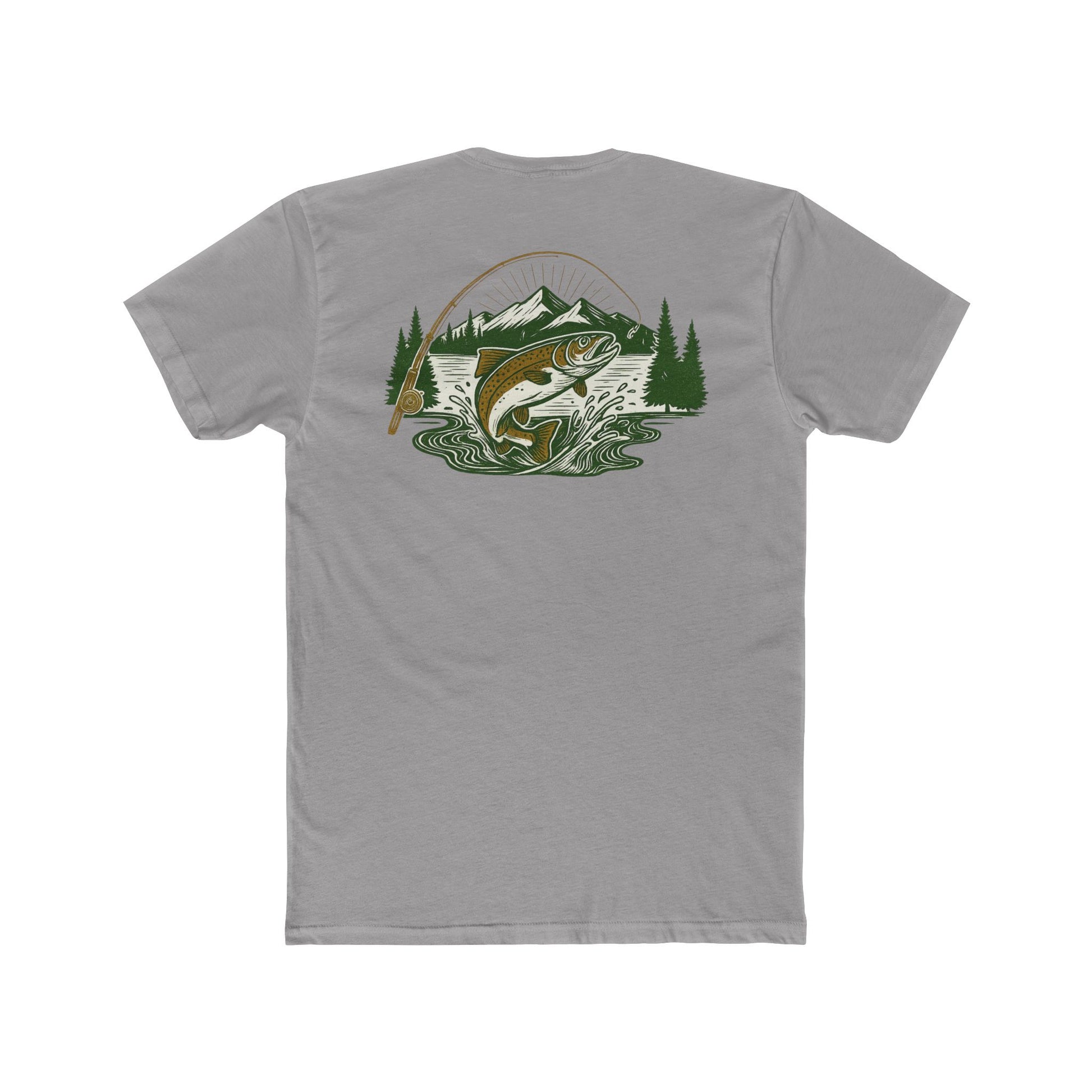 Gray t-shirt with a trout, mountains, trees and water graphic #gray