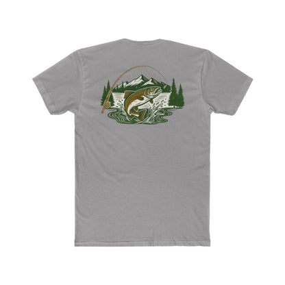 Gray t-shirt with a trout, mountains, trees and water graphic #gray