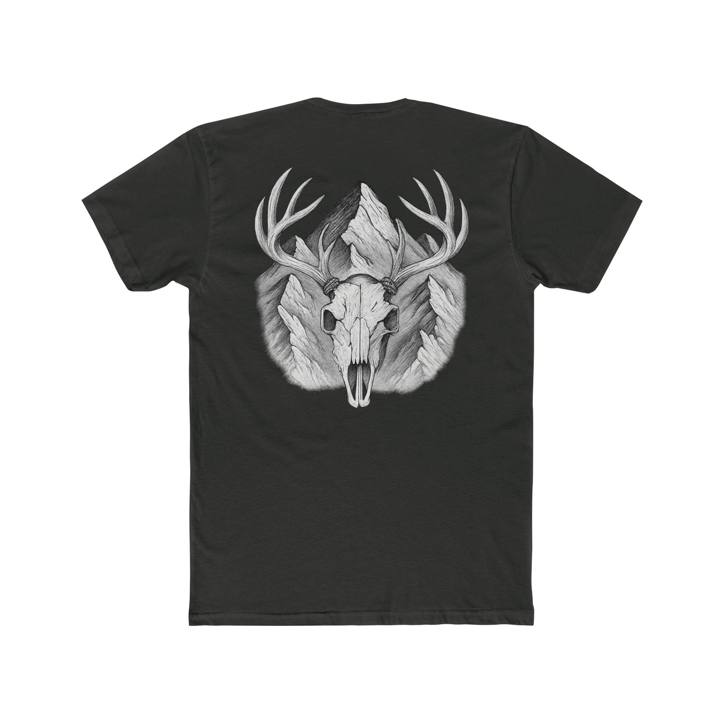 Vintage Black t-shirt with graphic of buck skull in front of mountains #vintageblack