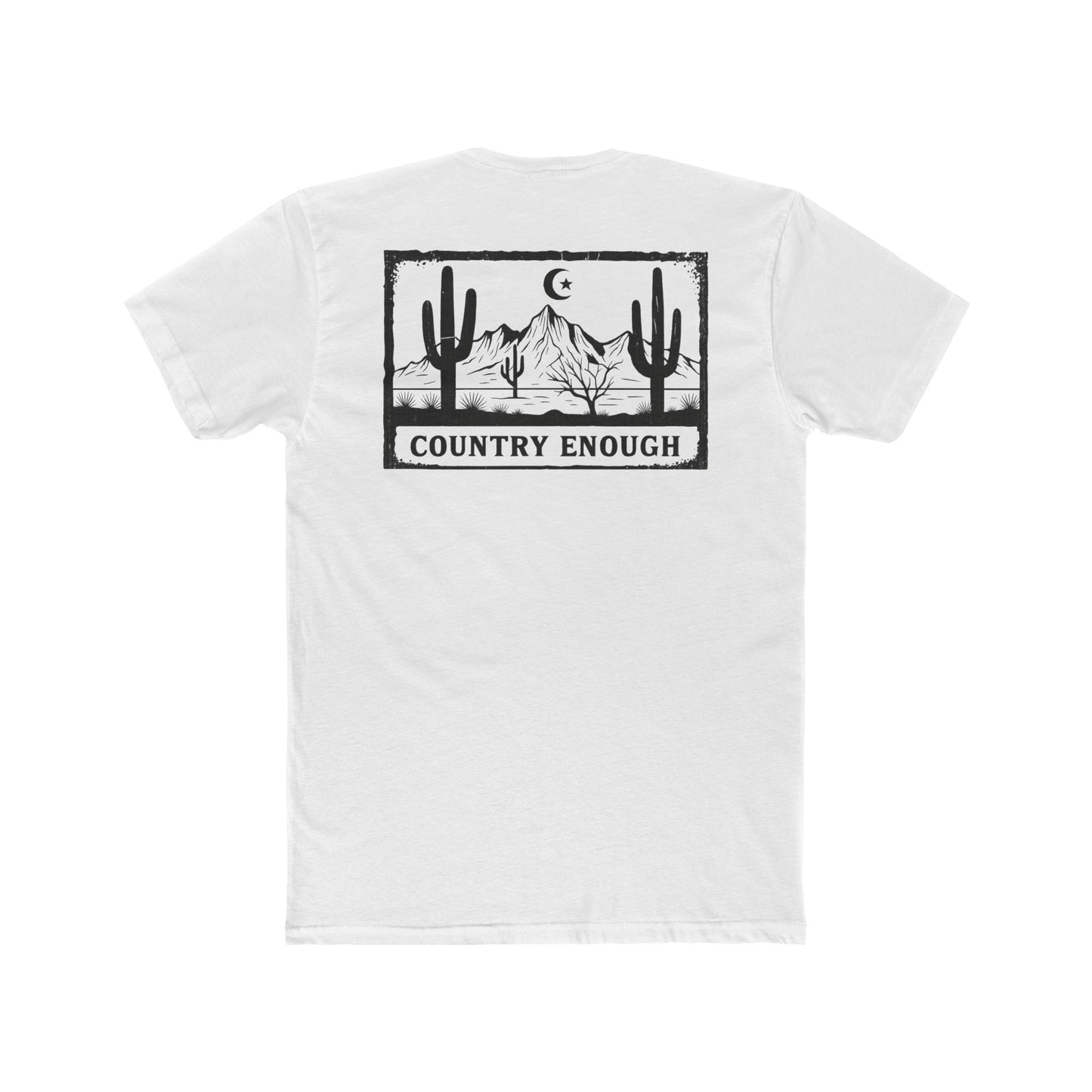 White t-shirt with graphic of mountains, cacti, and moon and star over a desert landscape with words country enough #white