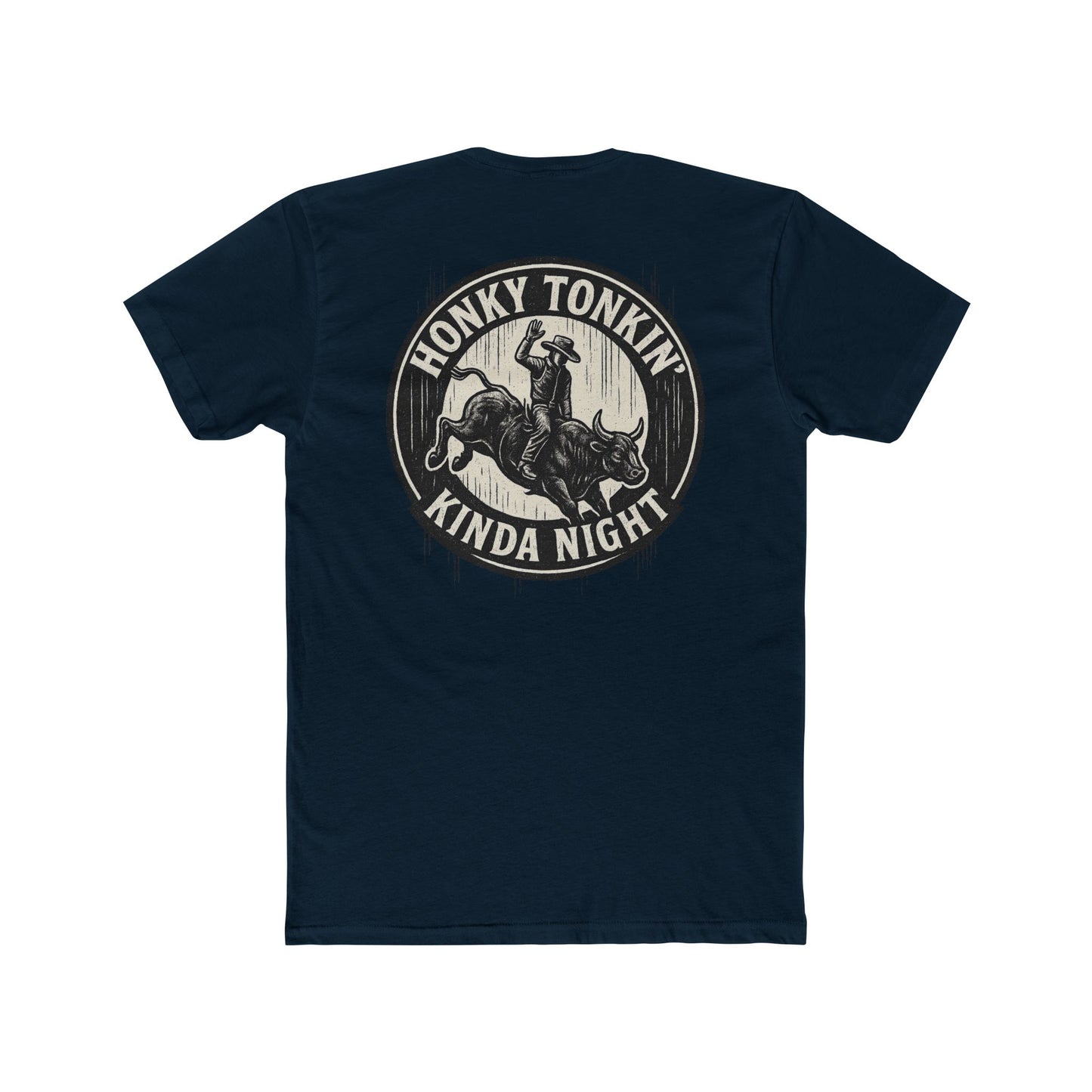 Midnight Navy t-shirt with circular graphic of a bucking bull with rider and the phrase honky tonkin' kind night #midnightnavy