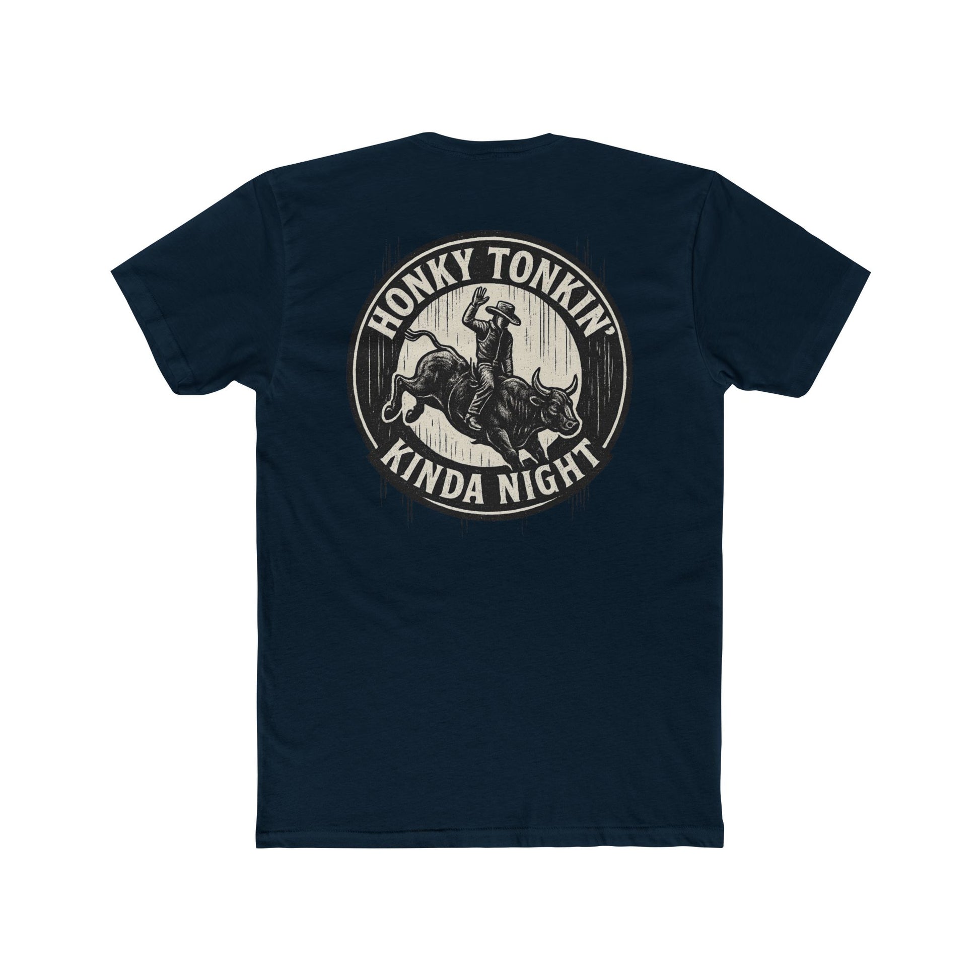 Midnight Navy t-shirt with circular graphic of a bucking bull with rider and the phrase honky tonkin' kind night #midnightnavy