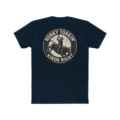 Midnight Navy t-shirt with circular graphic of a bucking bull with rider and the phrase honky tonkin' kind night #midnightnavy