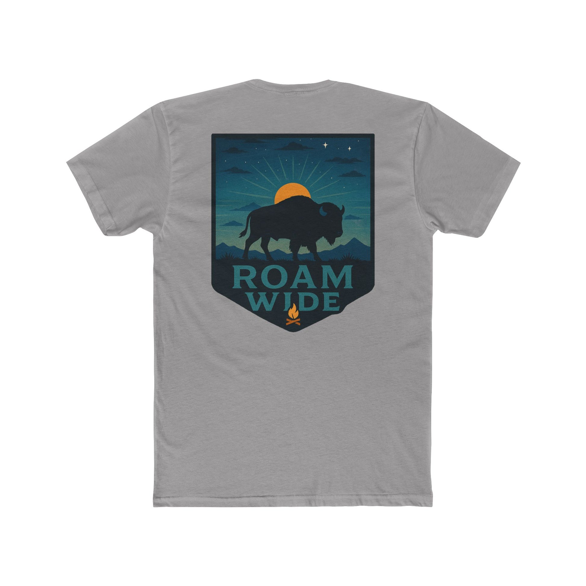 Gray T-Shirt with graphic of bison, sun, mountains, and the words roam wide #gray
