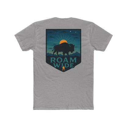 Gray T-Shirt with graphic of bison, sun, mountains, and the words roam wide #gray