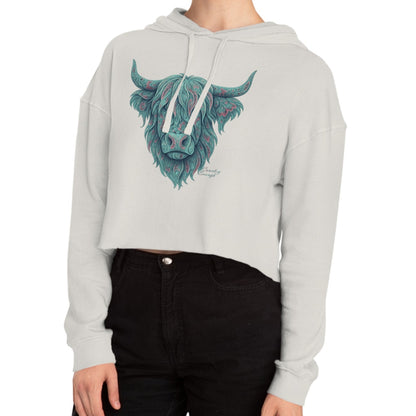 Bone crop hoodie with a vibrant Paisley Highland Cow graphic #bone