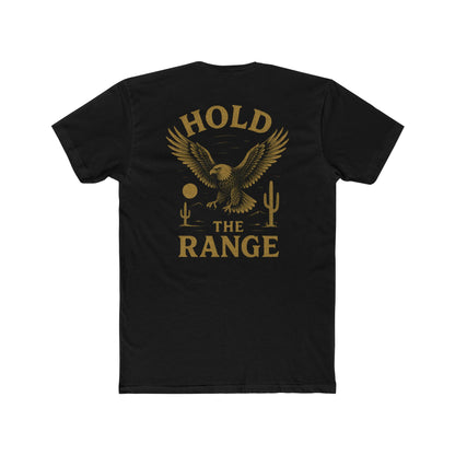 Black t-shirt with graphic of an eagle, desert landscape, and the words hold the range #black