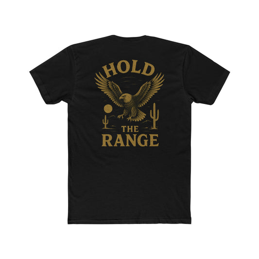 Black t-shirt with graphic of an eagle, desert landscape, and the words hold the range #black