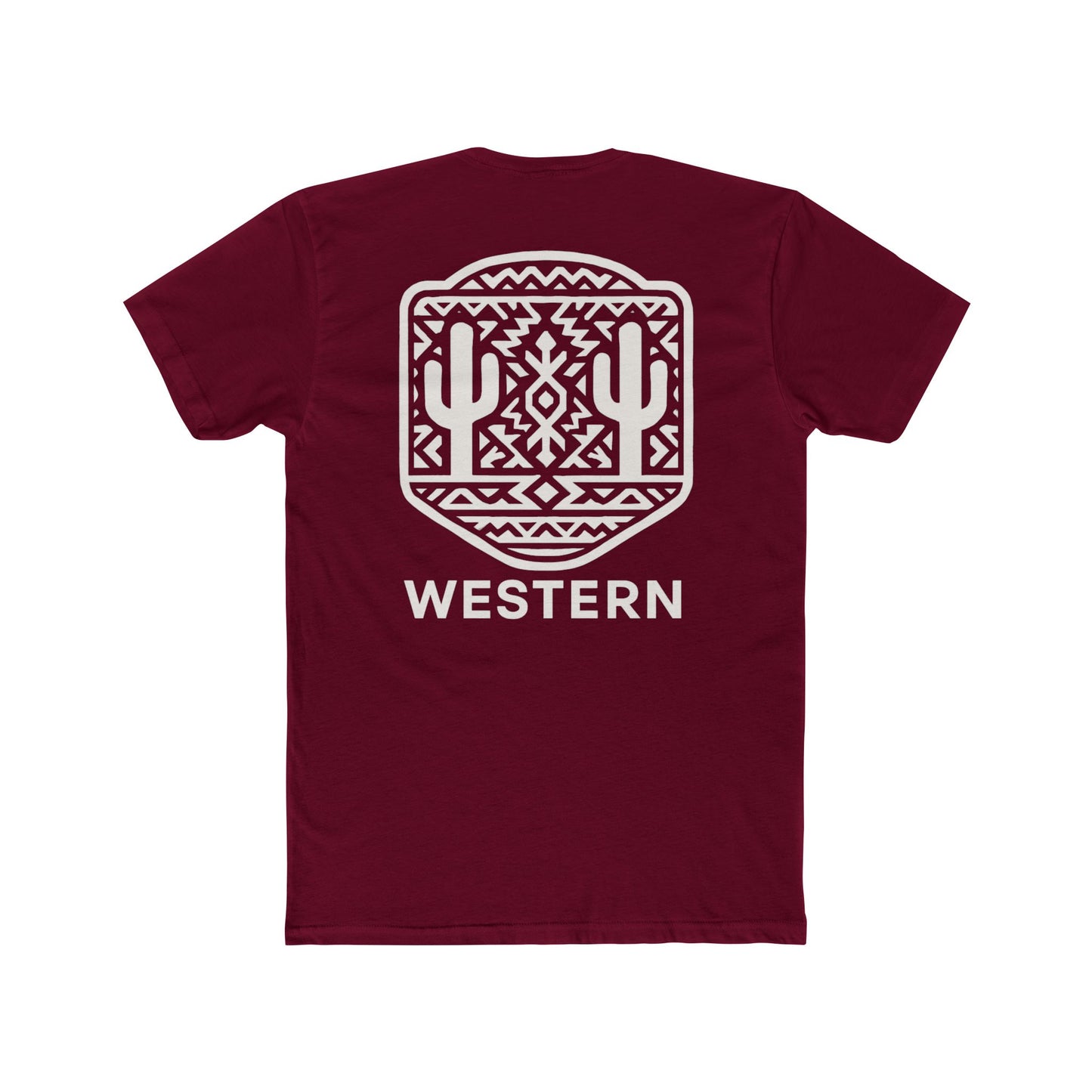 Cardinal Red t-shirt with aztec pattern and cacti inside a geometric border with word western across the bottom #cardinalred