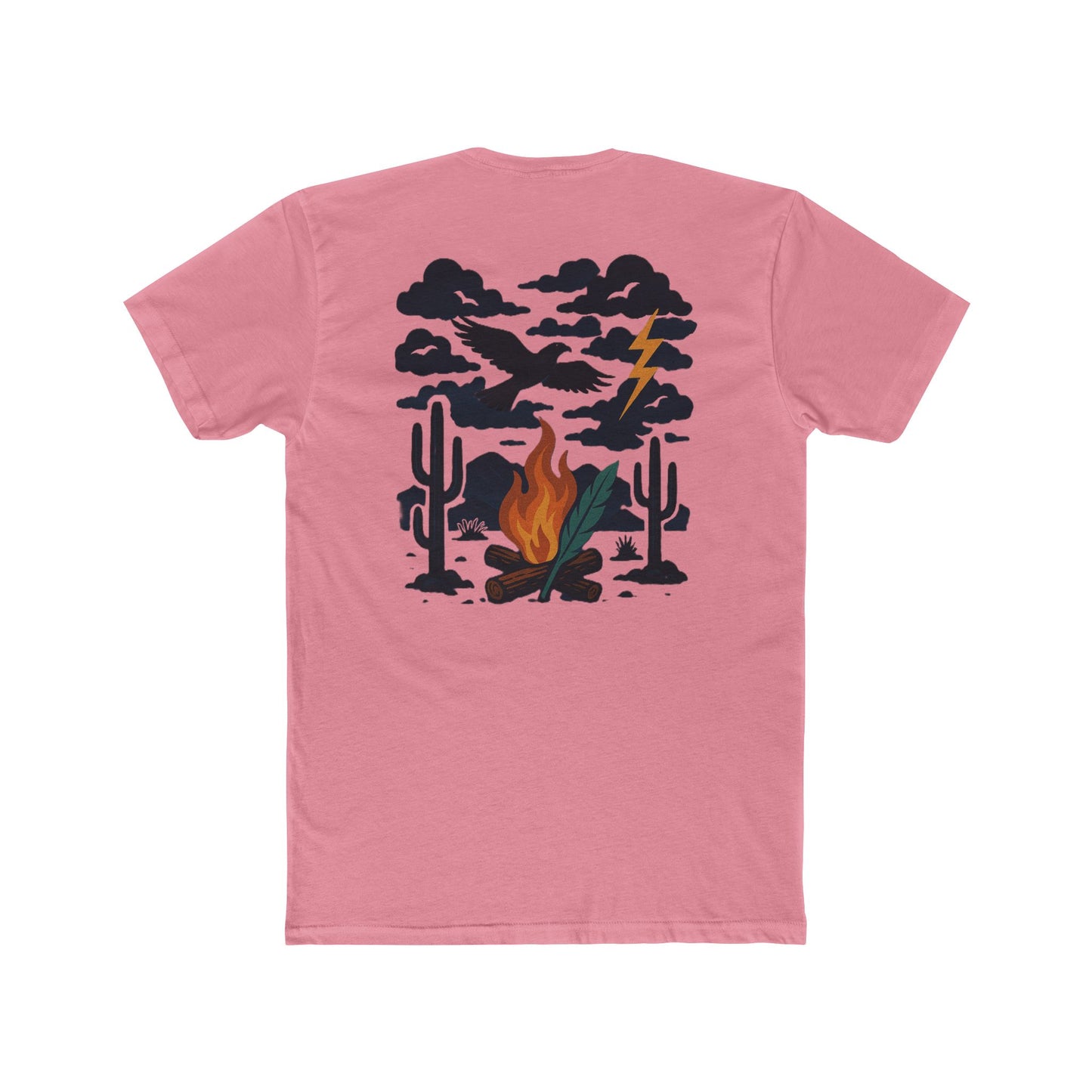 Pink t-shirt with graphic of clouds, lightning, bird, a campfire, cacti in a desert landscape #pink