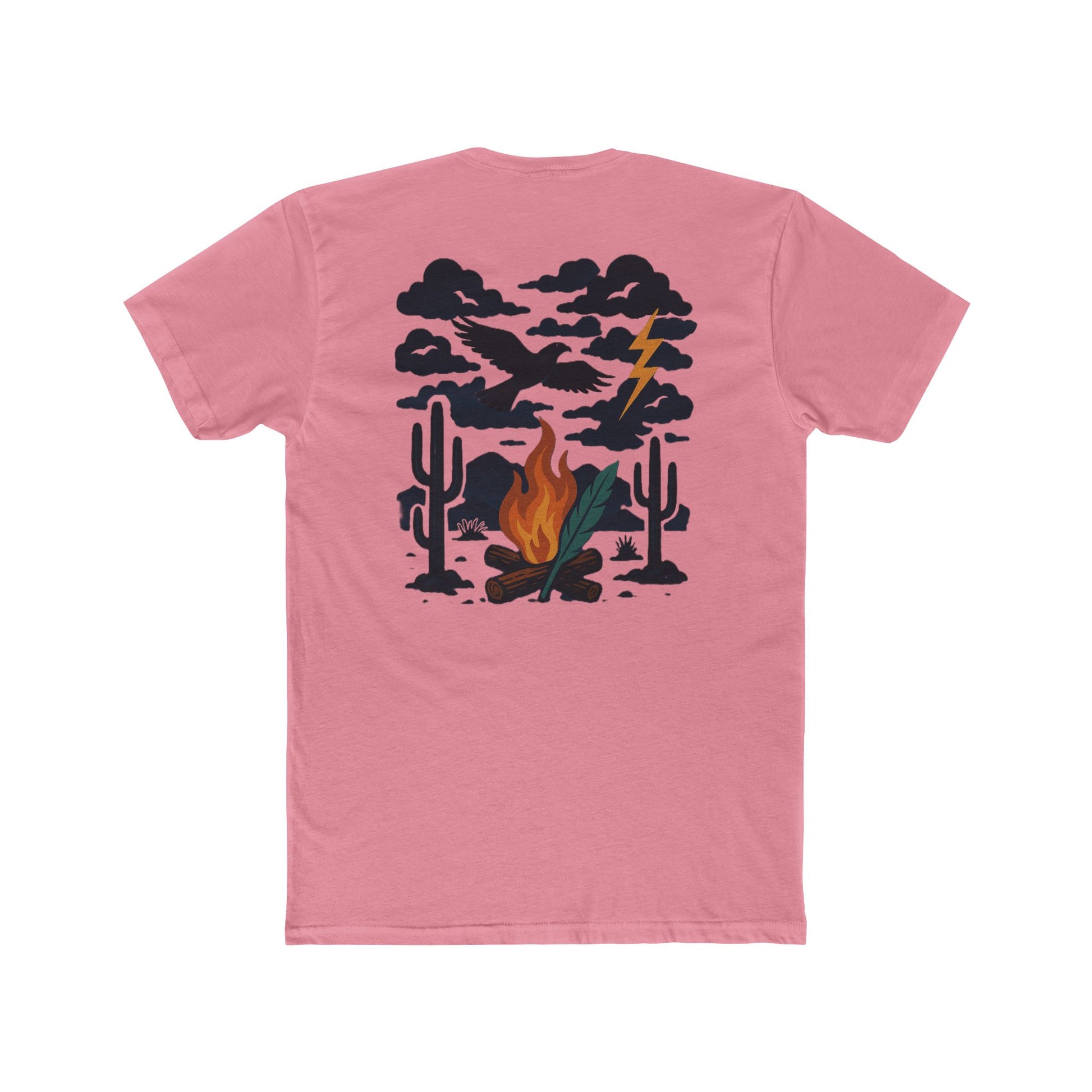 Pink t-shirt with graphic of clouds, lightning, bird, a campfire, cacti in a desert landscape #pink