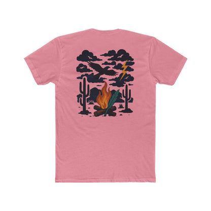 Pink t-shirt with graphic of clouds, lightning, bird, a campfire, cacti in a desert landscape #pink