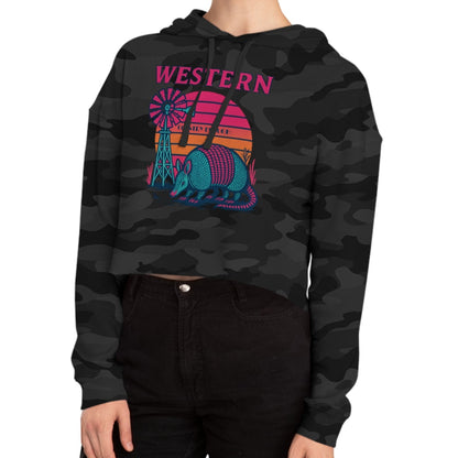 Black Camo hoodie with graphic featuring a sun, windmill, and armadillo. #blackcamo