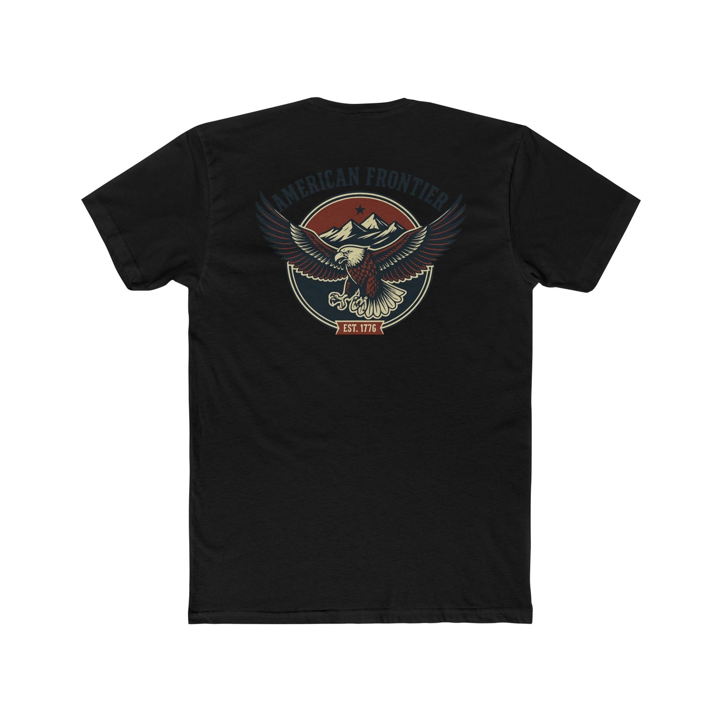 Black t-shirt featuring graphic of an eagle, mountains, and the words American Frontier Est 1776 #black