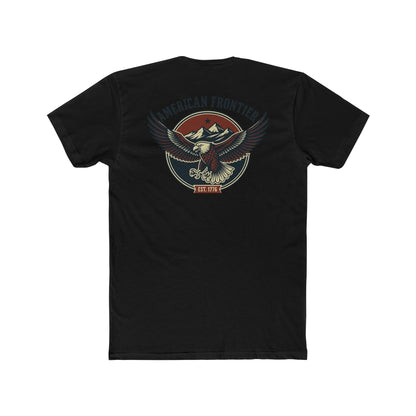 Black t-shirt featuring graphic of an eagle, mountains, and the words American Frontier Est 1776 #black
