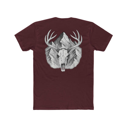 Maroon t-shirt with graphic of buck skull in front of mountains #maroon