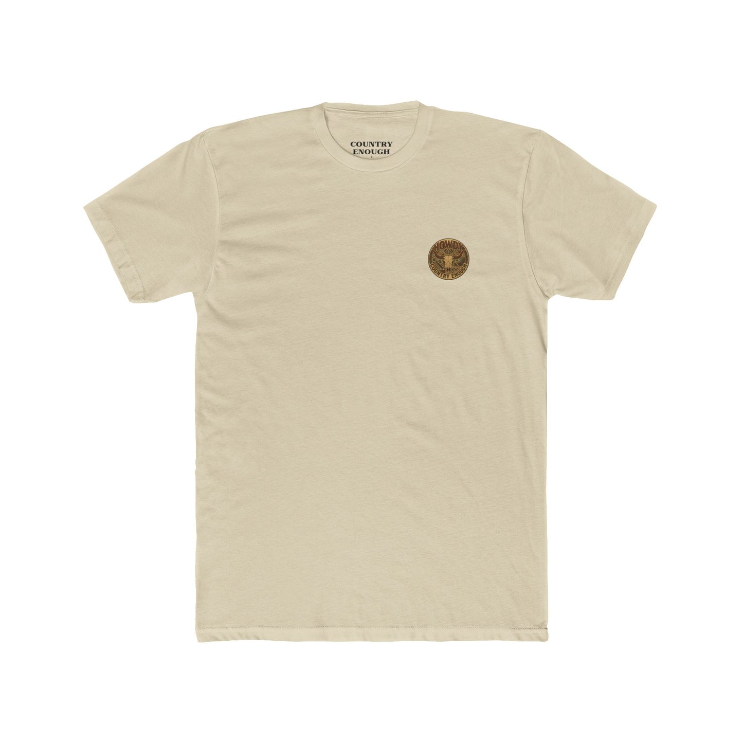 Cream t-shirt with graphic of aztec patter, bull skull, and the word howdy across the top #cream