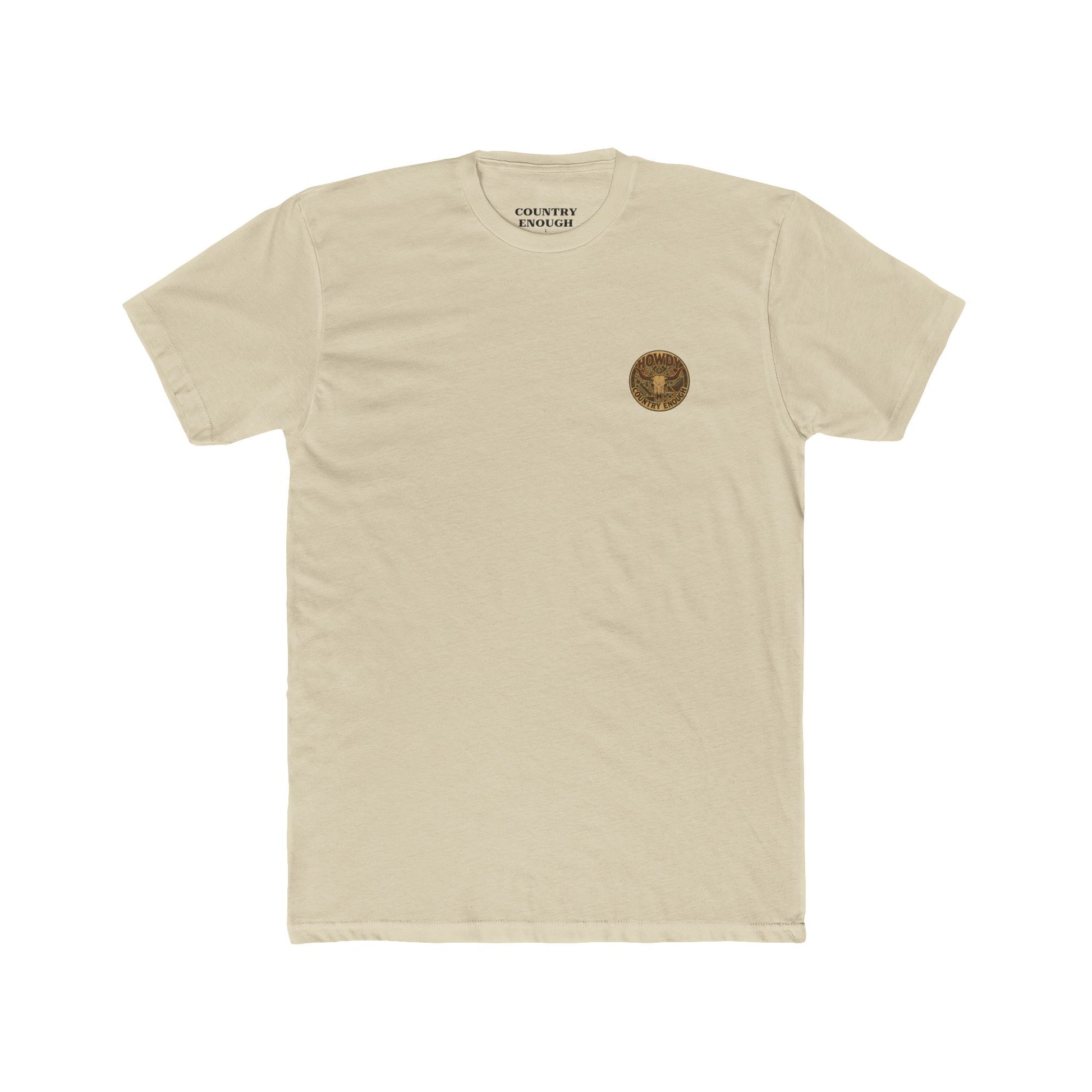 Cream t-shirt with graphic of aztec patter, bull skull, and the word howdy across the top #cream