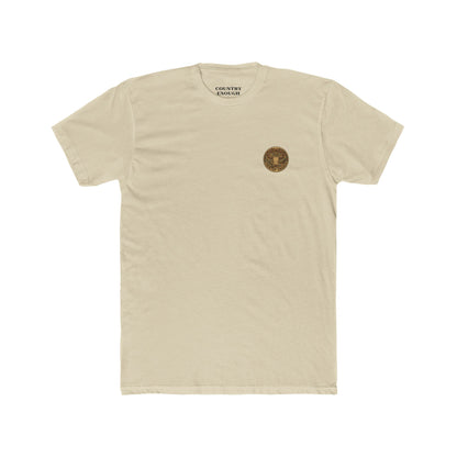 Cream t-shirt with graphic of aztec patter, bull skull, and the word howdy across the top #cream