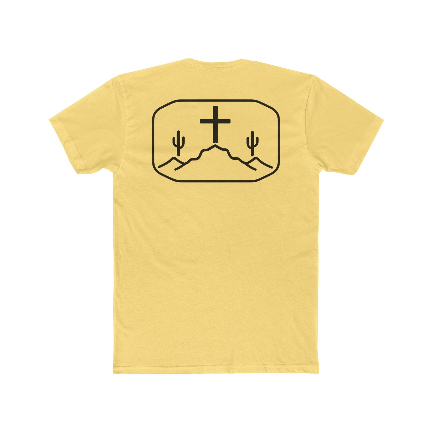 Yellow t-shirt with cross, cacti, and mountains graphic #yellow