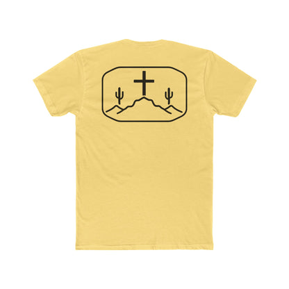 Yellow t-shirt with cross, cacti, and mountains graphic #yellow