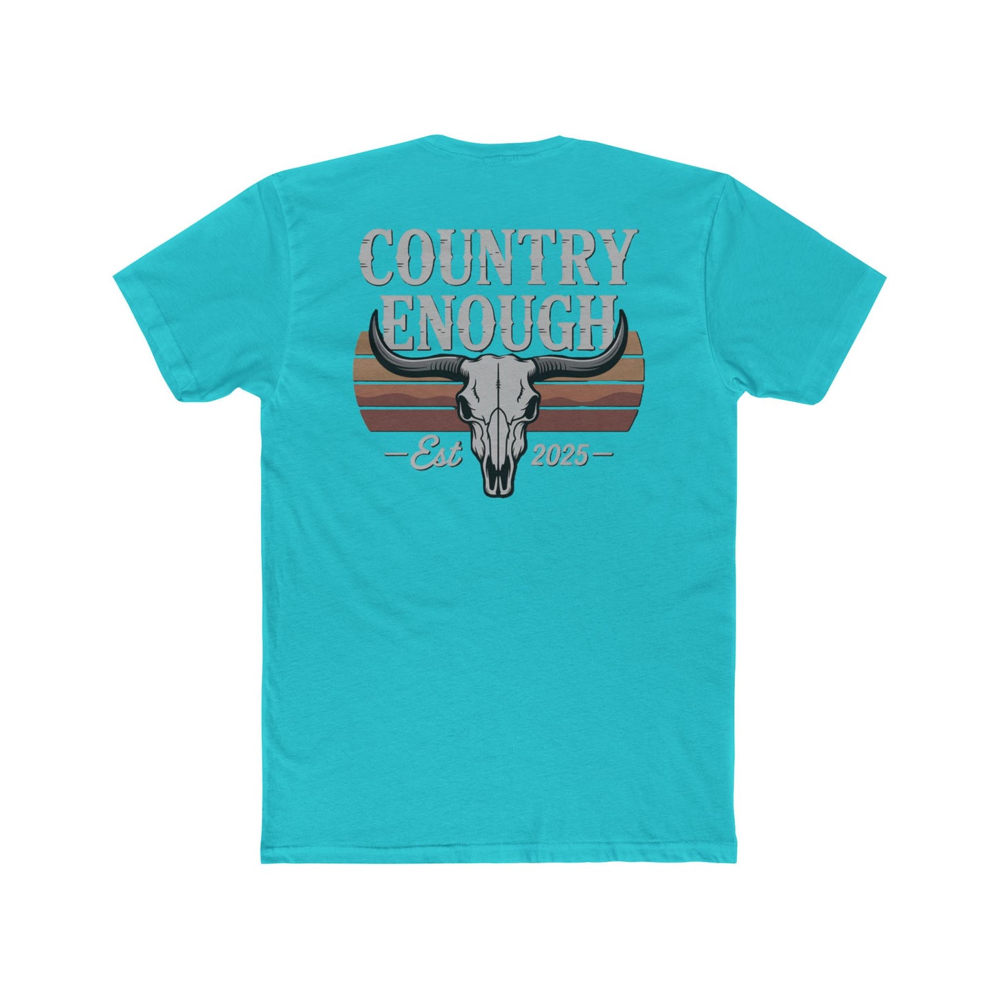 Tahiti Blue t-shirt with vintage retro graphic of a bull skull and words country enough EST 2025 #tahitiblue