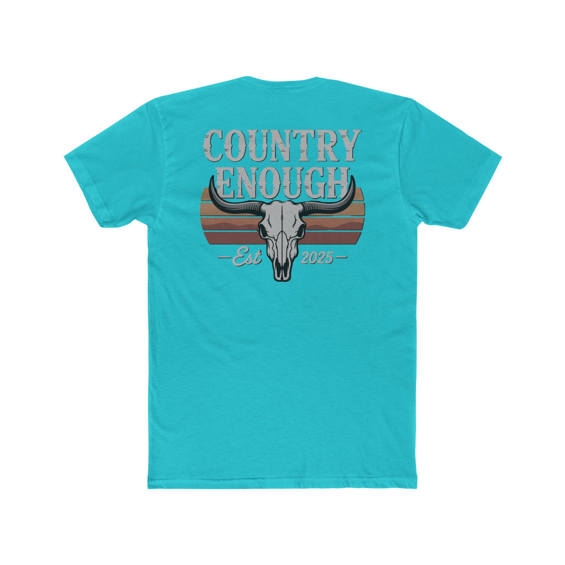 Tahiti Blue t-shirt with vintage retro graphic of a bull skull and words country enough EST 2025 #tahitiblue