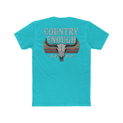 Tahiti Blue t-shirt with vintage retro graphic of a bull skull and words country enough EST 2025 #tahitiblue
