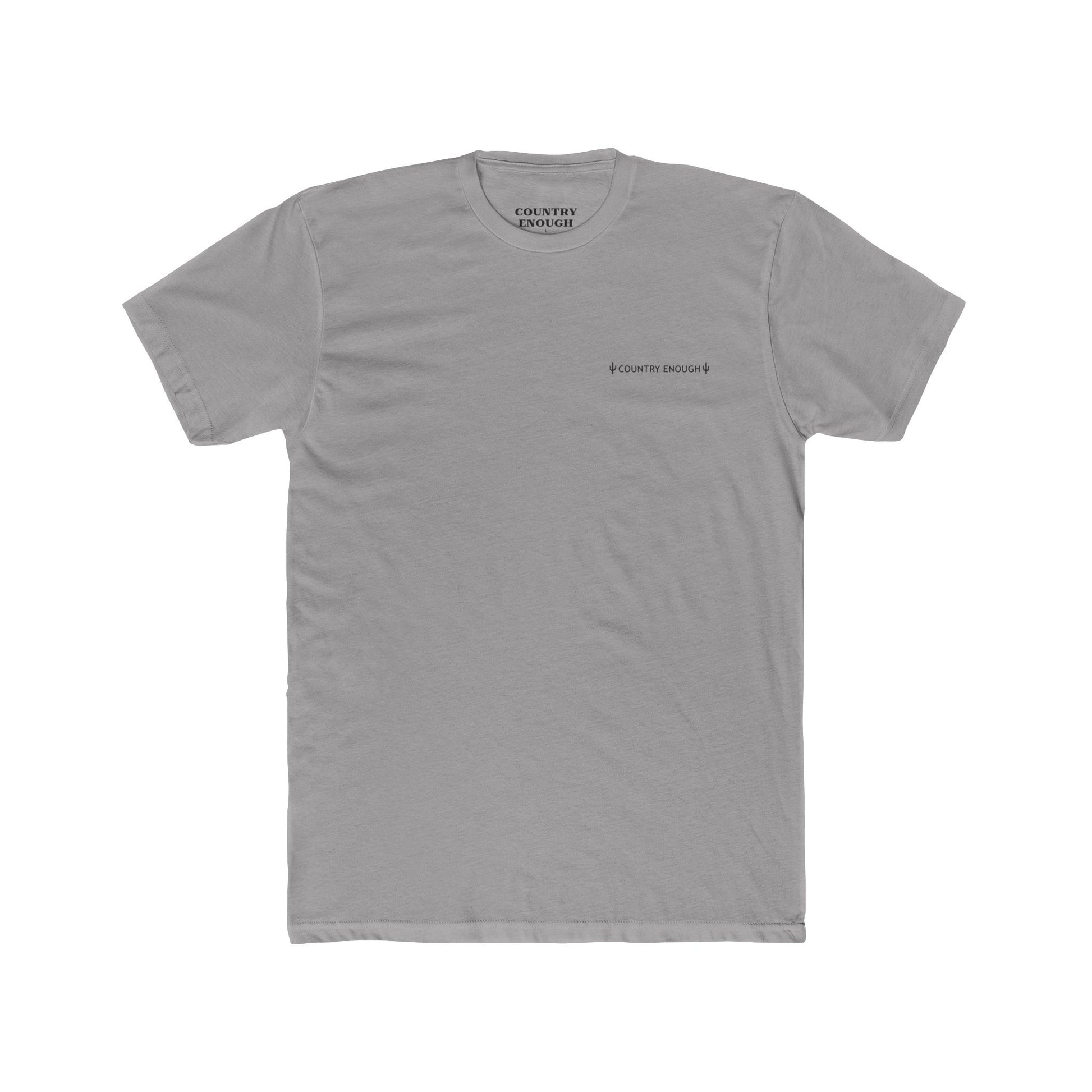 Gray t-shirt with graphic of a line mountain drawing, cacti and the words Country Enough #gray