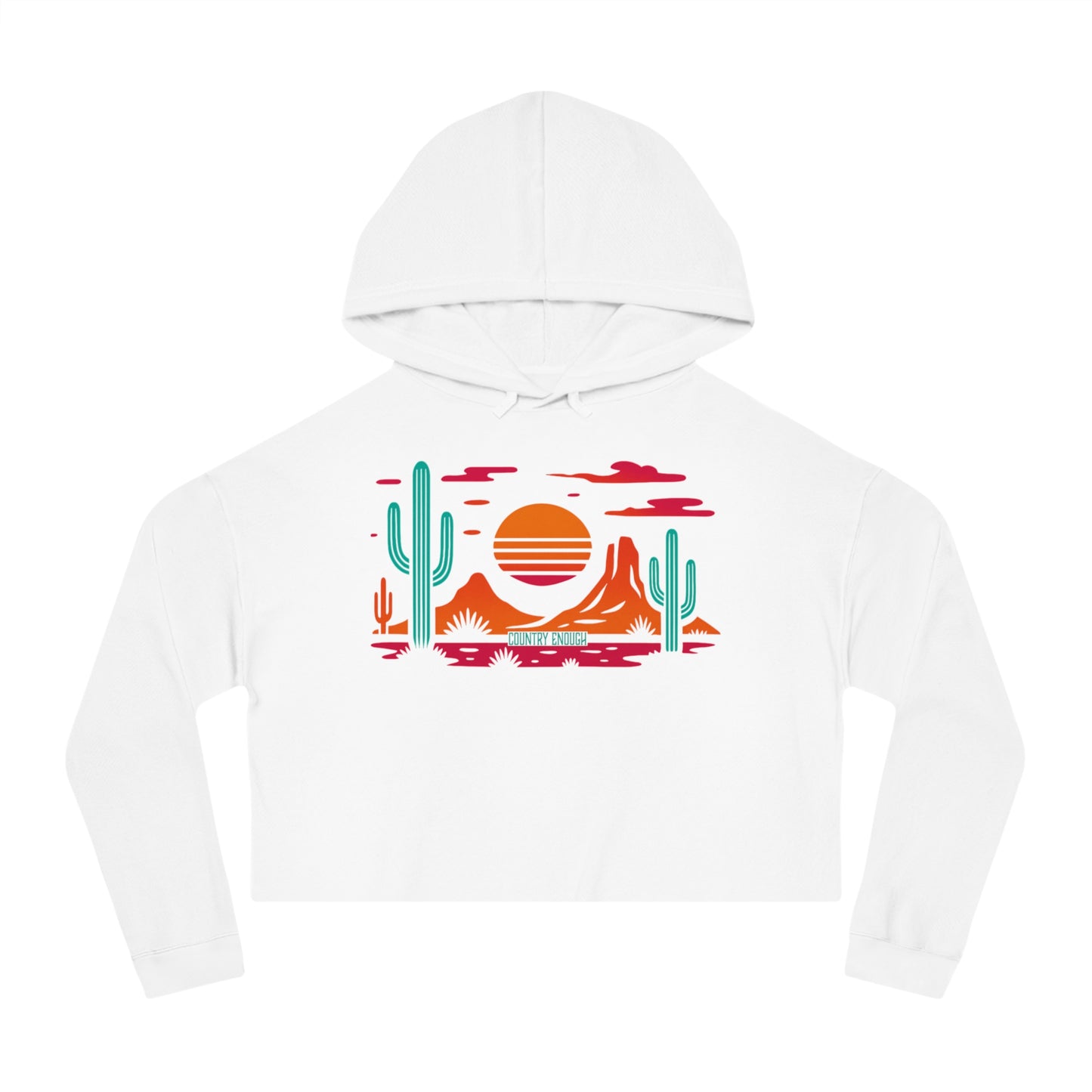 White hoodie with a vibrant Southwestern landscape, cacti & mountains graphic #white