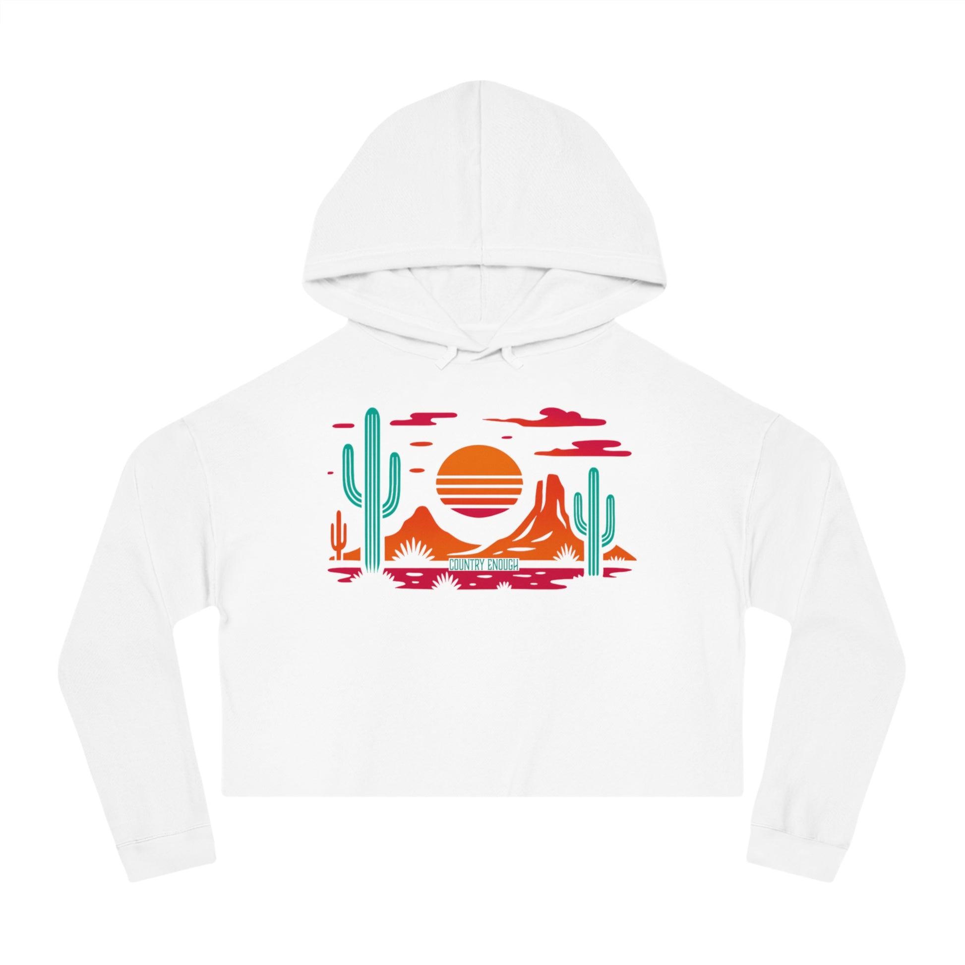 White hoodie with a vibrant Southwestern landscape, cacti & mountains graphic #white