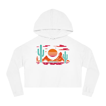 White hoodie with a vibrant Southwestern landscape, cacti & mountains graphic #white