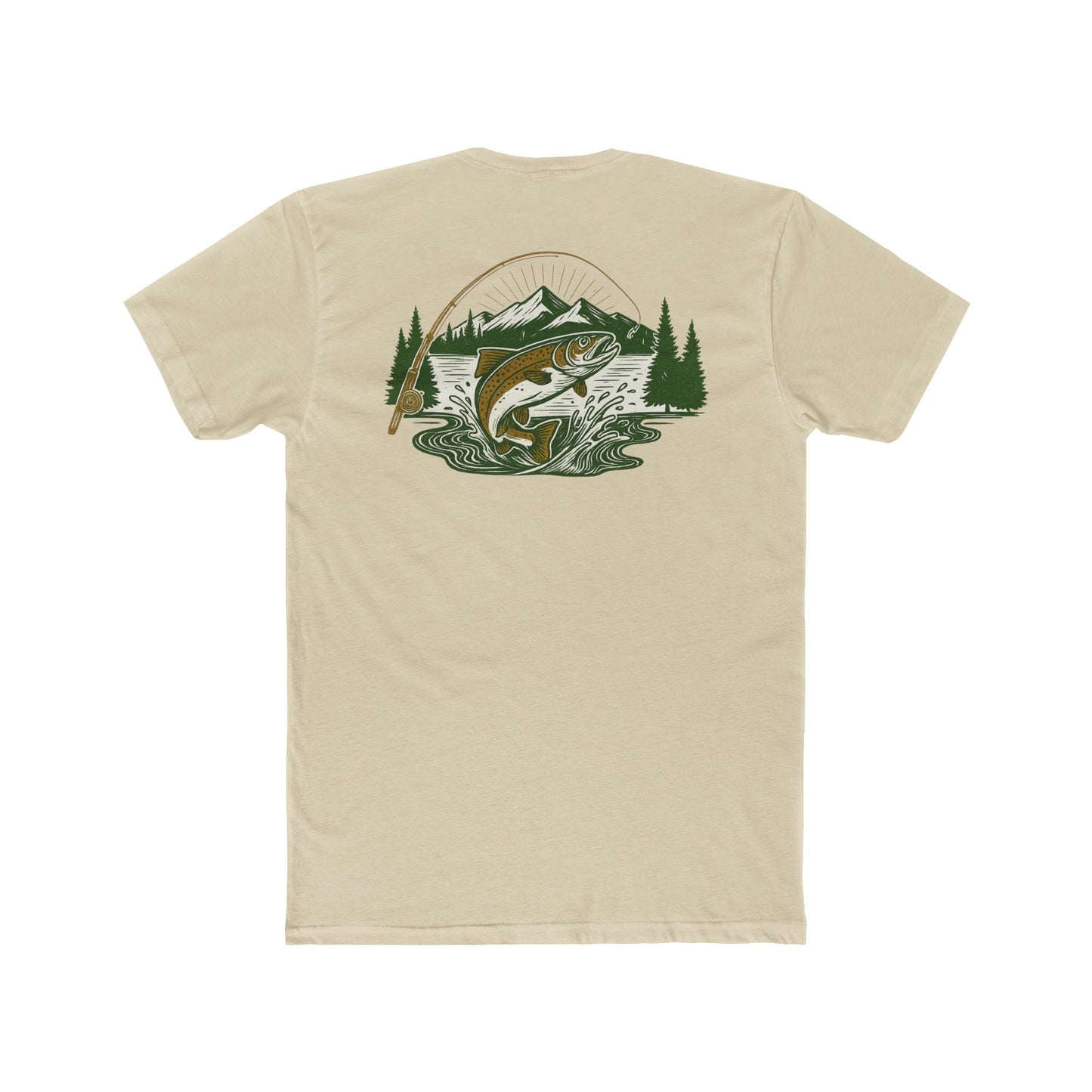 Cream t-shirt with a trout, mountains, trees and water graphic #cream
