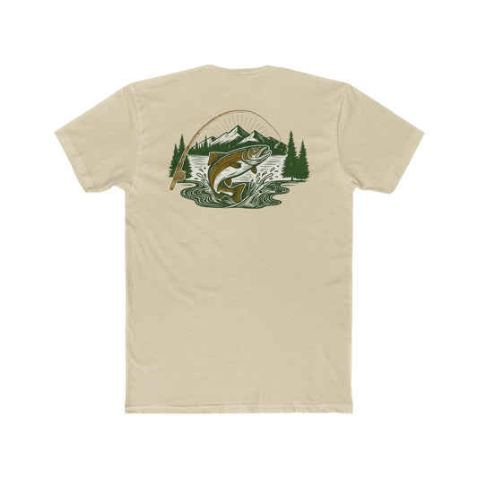 Cream t-shirt with a trout, mountains, trees and water graphic #cream