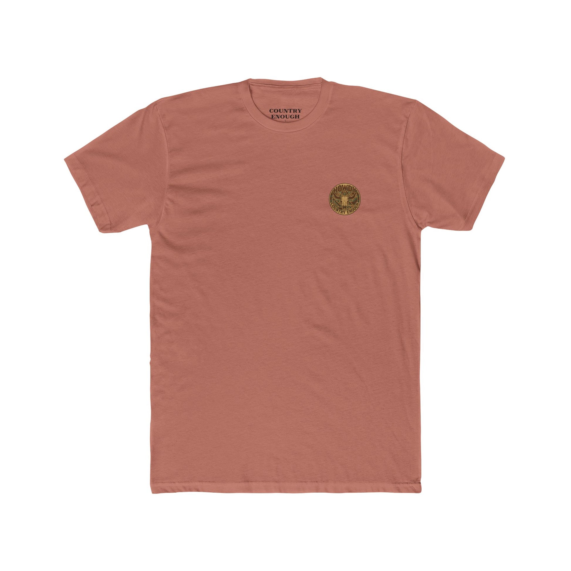 Desert Pink t-shirt with graphic of aztec patter, bull skull, and the word howdy across the top #desertpink