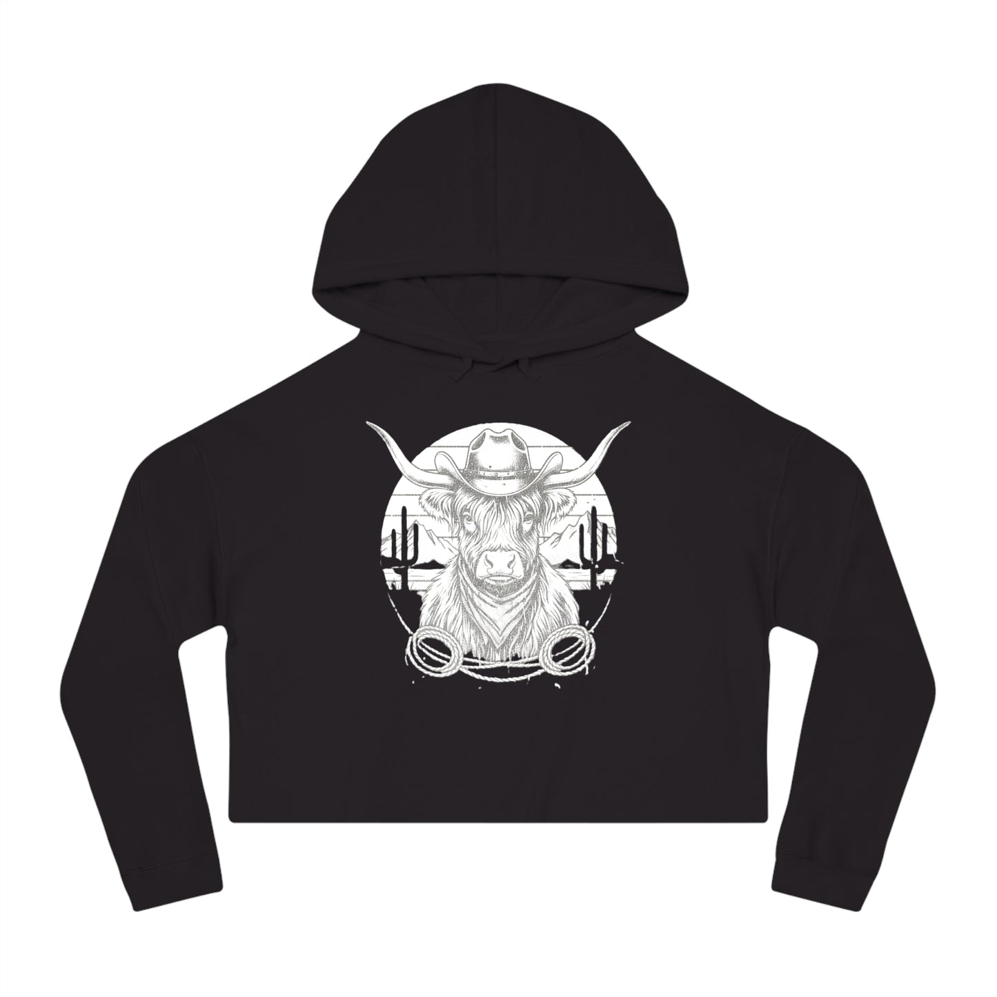 Black hoodie with white highland cow and desert landscape graphic design on a white background #Black